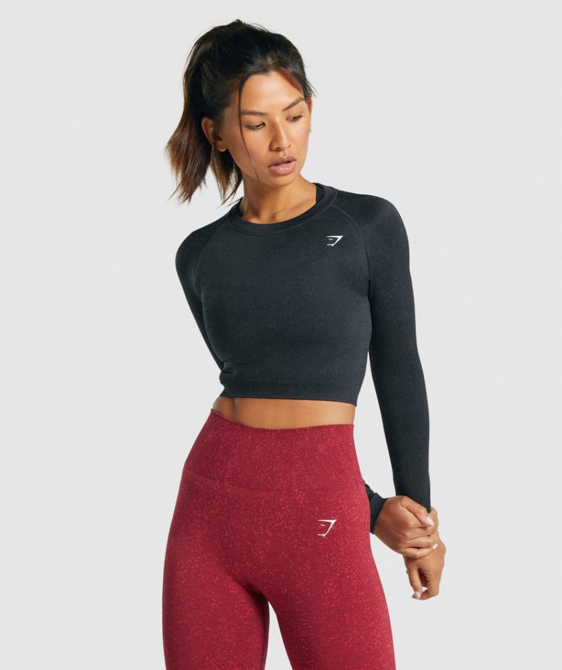 Women\'s Gymshark Adapt Fleck Seamless Long Sleeve Cropped Tops Black | CA N3D510